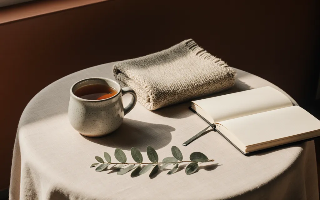 A calm still life with a mug of tea, a folded wool blanket and an open notebook